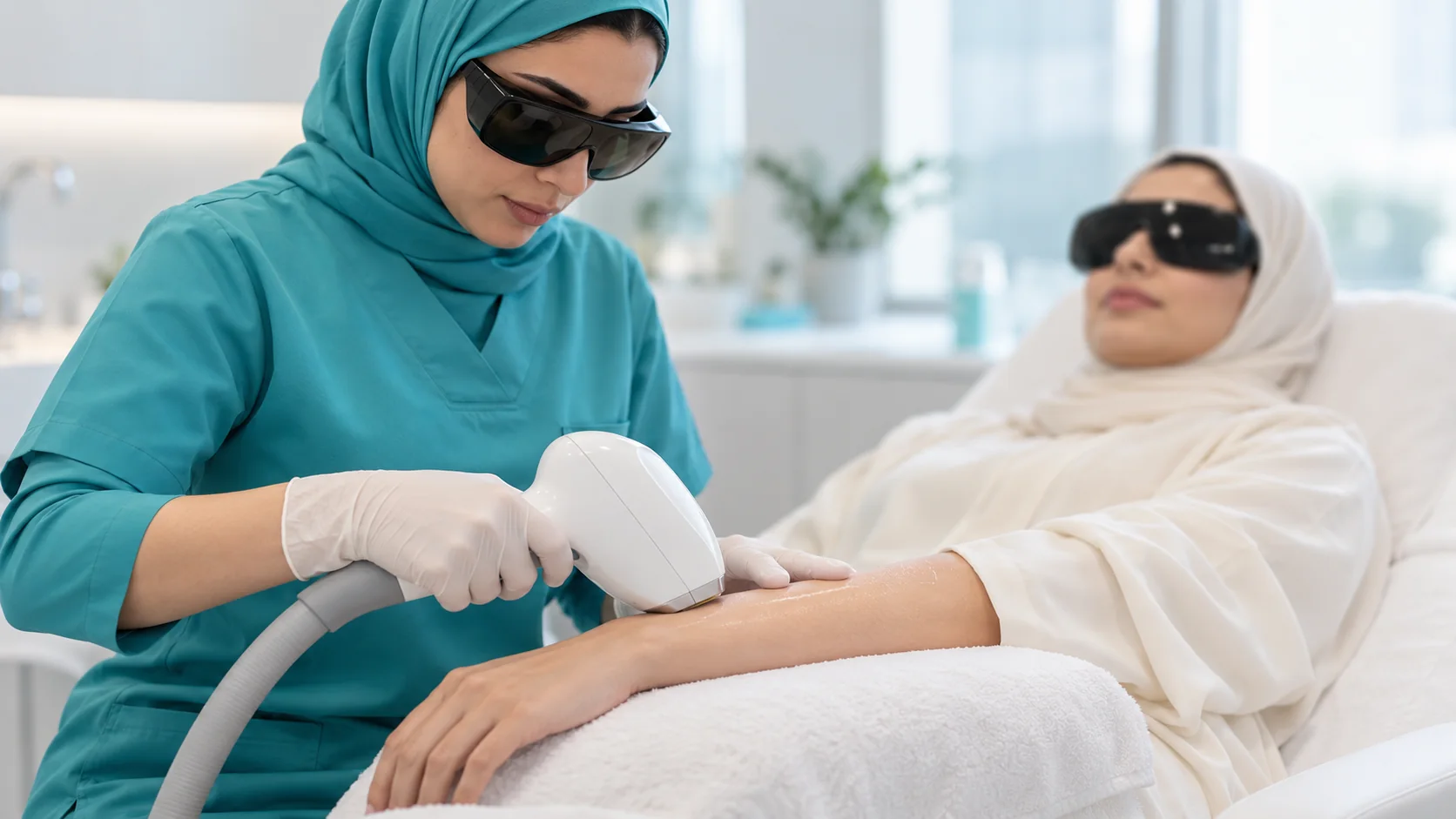 صورة تعبيرية لجلسة إزالة الشعر من الذراع مع ارتداء نظارات الحماية