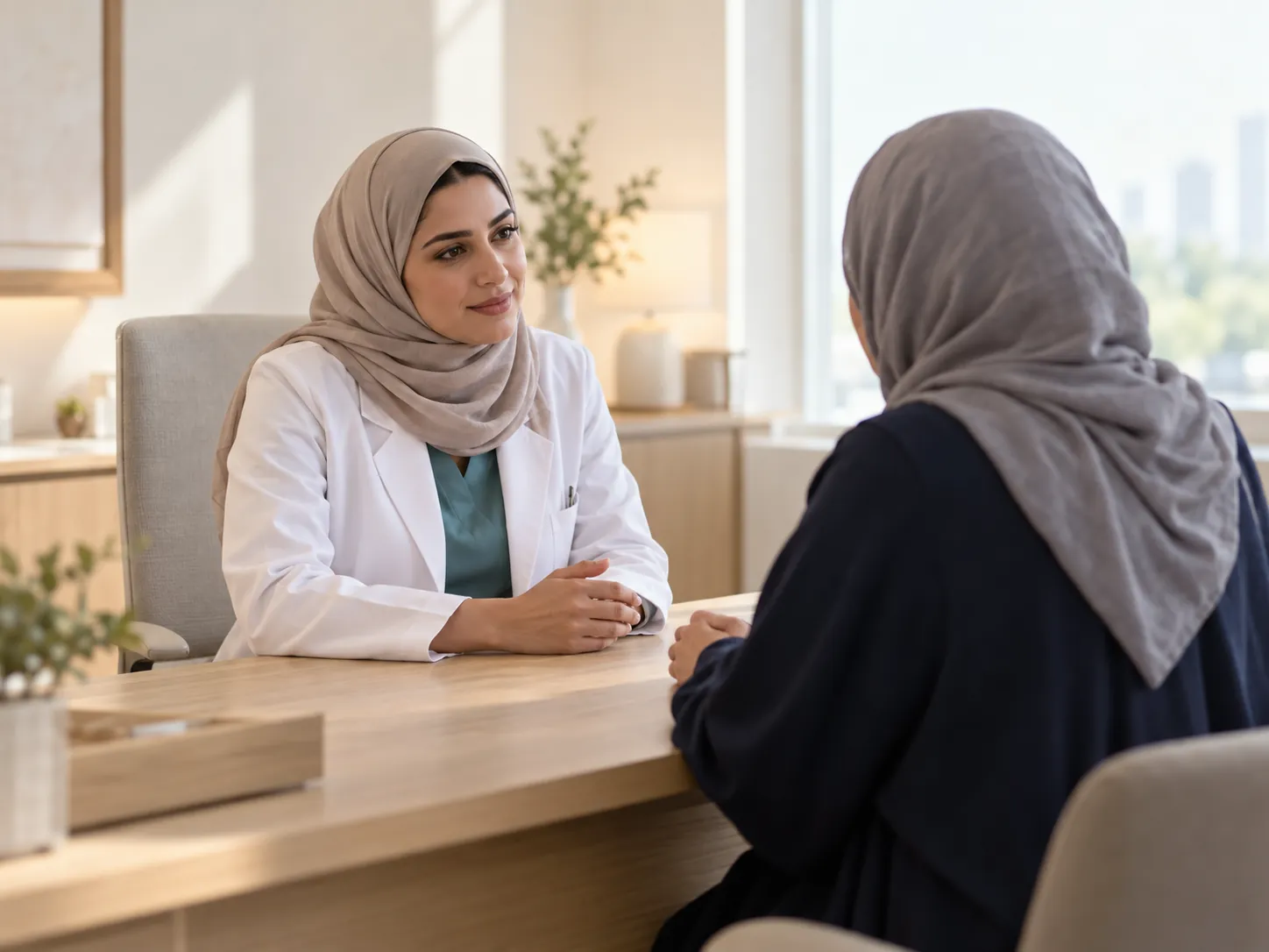طبيبة عربية تستمع باهتمام إلى مراجِعة أثناء استشارة