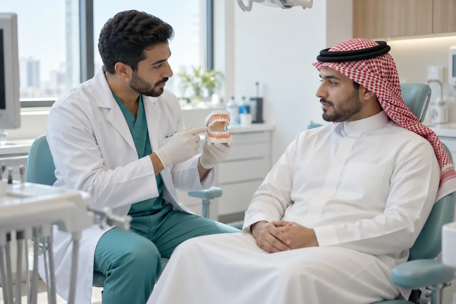 صورة تعبيرية لطبيب أسنان عربي يشرح الخيارات لمراجع سعودي