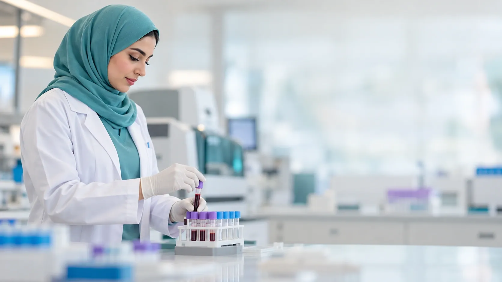صورة تعبيرية لأخصائية مختبر محجبة تراجع عينة دم بزاوية جانبية